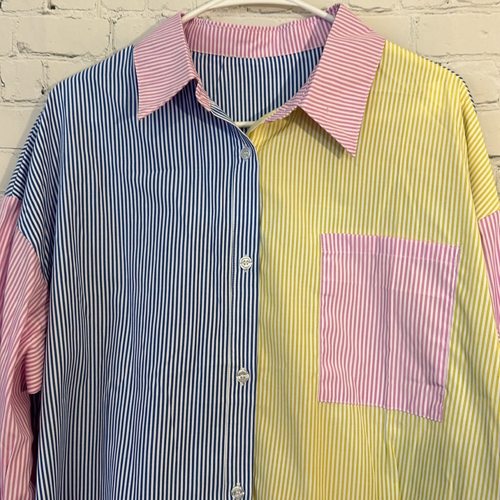 Amazon New color block pinstriped button down shirt - Picture 2 of 8
